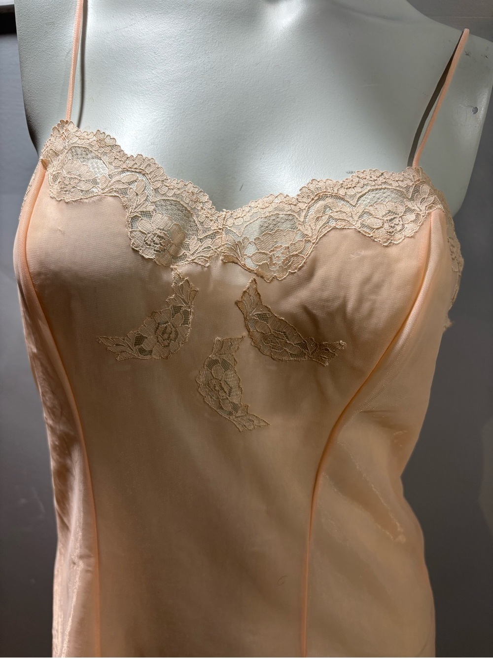 1960’s Lace-Trim Peach Satin Slip with Floral Embroidery